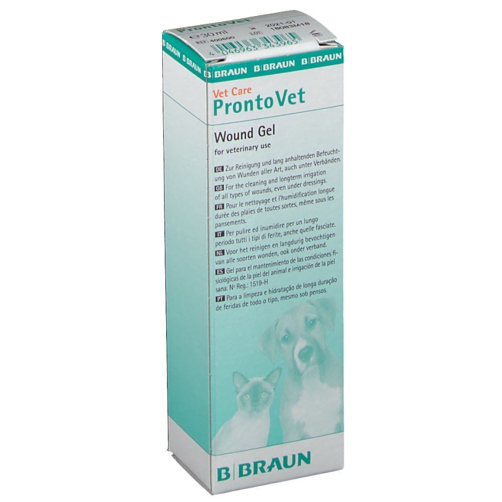 ProntoVet Wundgel-Verpackung. Text in mehreren Sprachen. B. Braun Logo. Katze und Hund abgebildet.