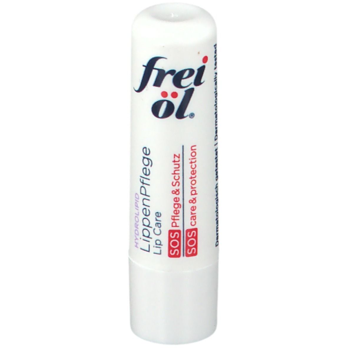 Weißer Lippenpflegestift mit blauem Schriftzug frei öl®. Produktbezeichnung: HYDROLIPID LippenPflege. SOS Pflege & Schutz.