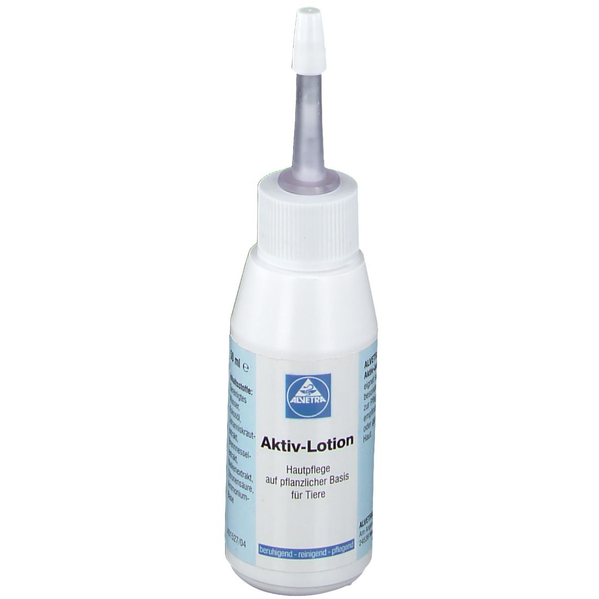 Weiße Flasche mit Applikator. Aufschrift: Aktiv-Lotion für Tiere. Logo. Hautpflege auf pflanzlicher Basis.