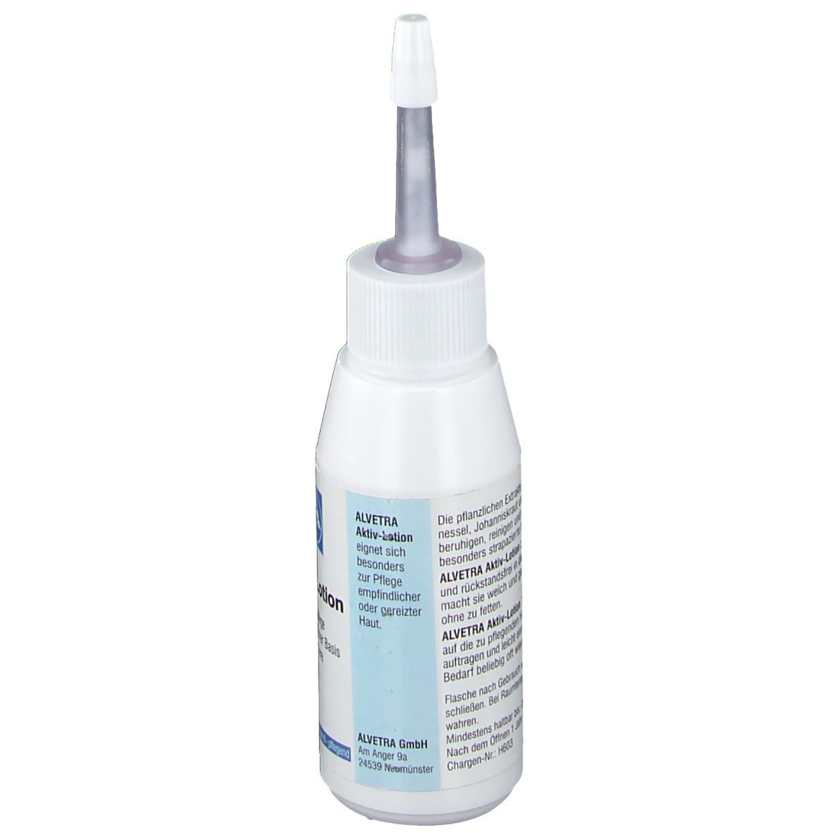 Weiße Flasche mit Applikator. Aufschrift: Aktiv-Lotion für Tiere. Text auf Deutsch. Alvetra GmbH.