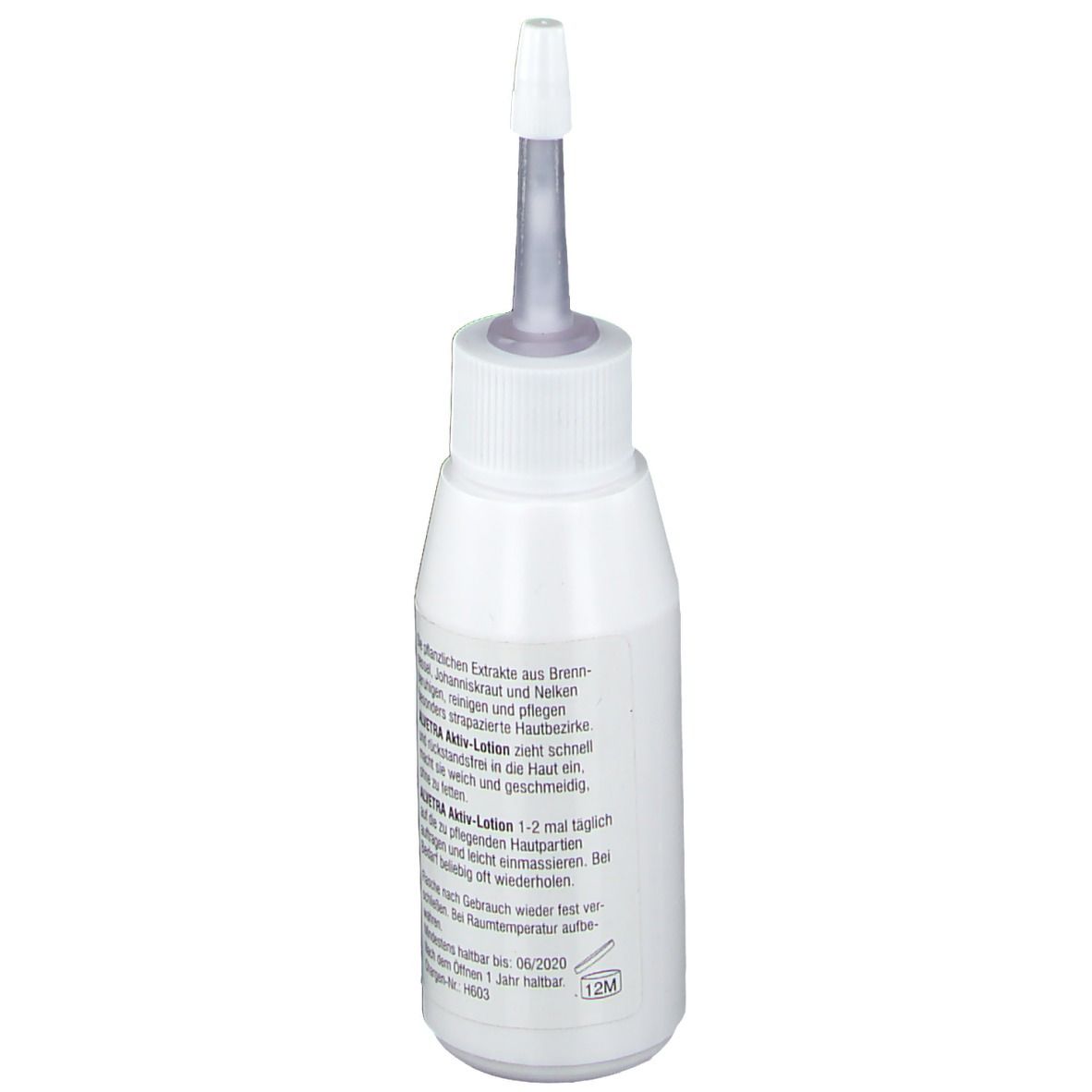 Weiße Flasche mit Applikator. Aufschrift: Aktiv-Lotion für Tiere. Text auf Deutsch. Haltbarkeit 12M.