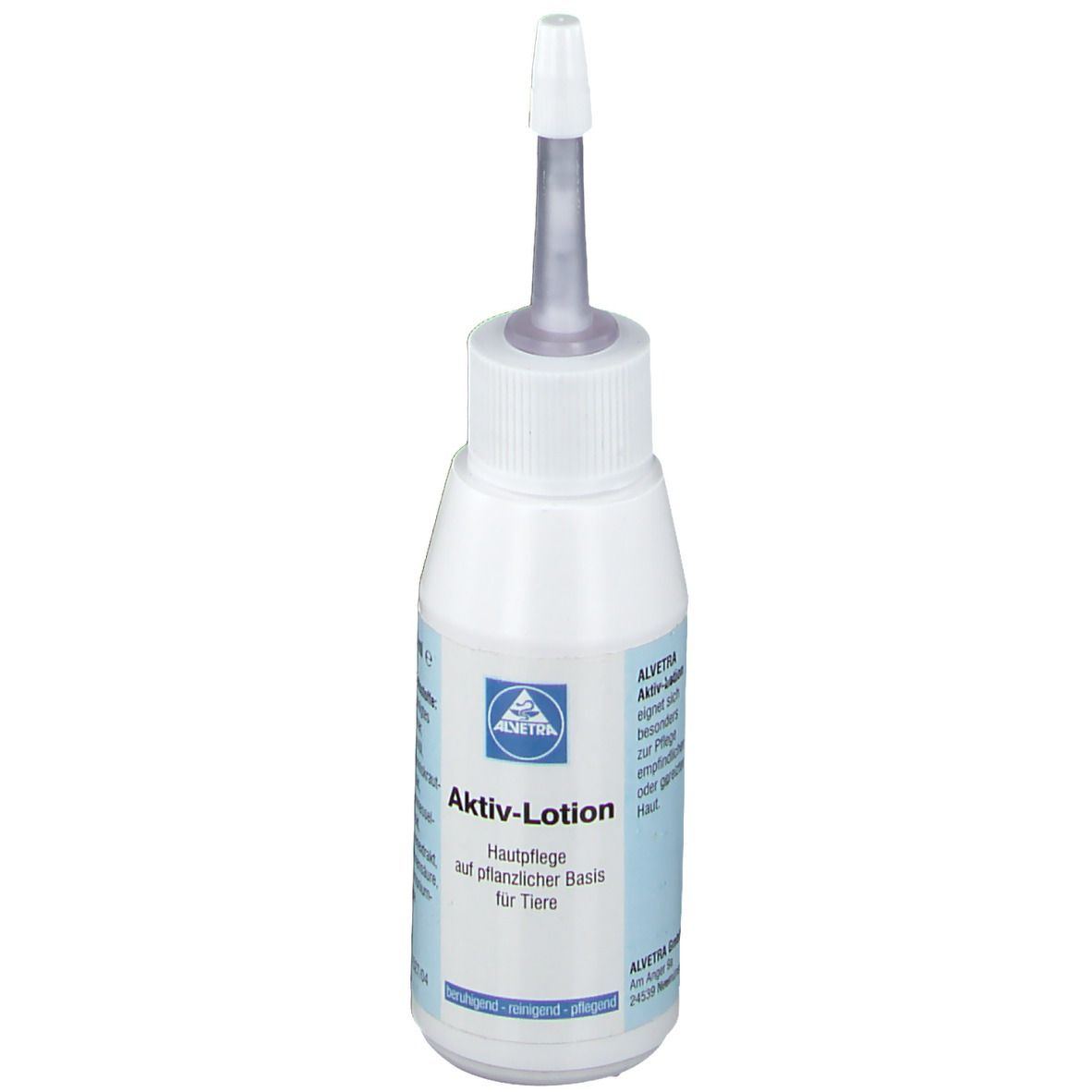 Weiße Flasche mit Applikator. Aufschrift: Aktiv-Lotion für Tiere. Logo. Hautpflege auf pflanzlicher Basis.