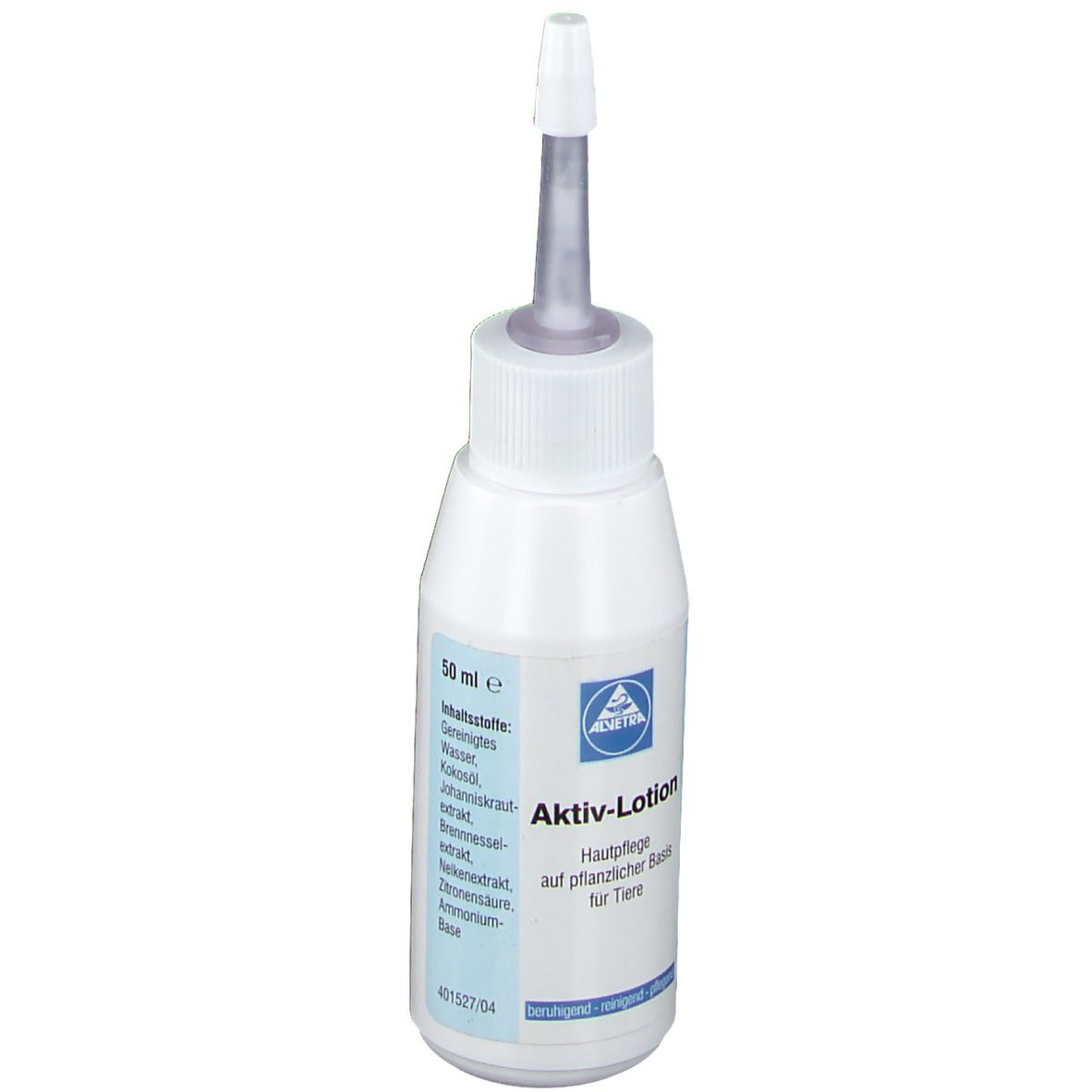 Weiße Flasche mit Applikator. Aufschrift: Aktiv-Lotion für Tiere. 50 ml. Inhaltsstoffe.