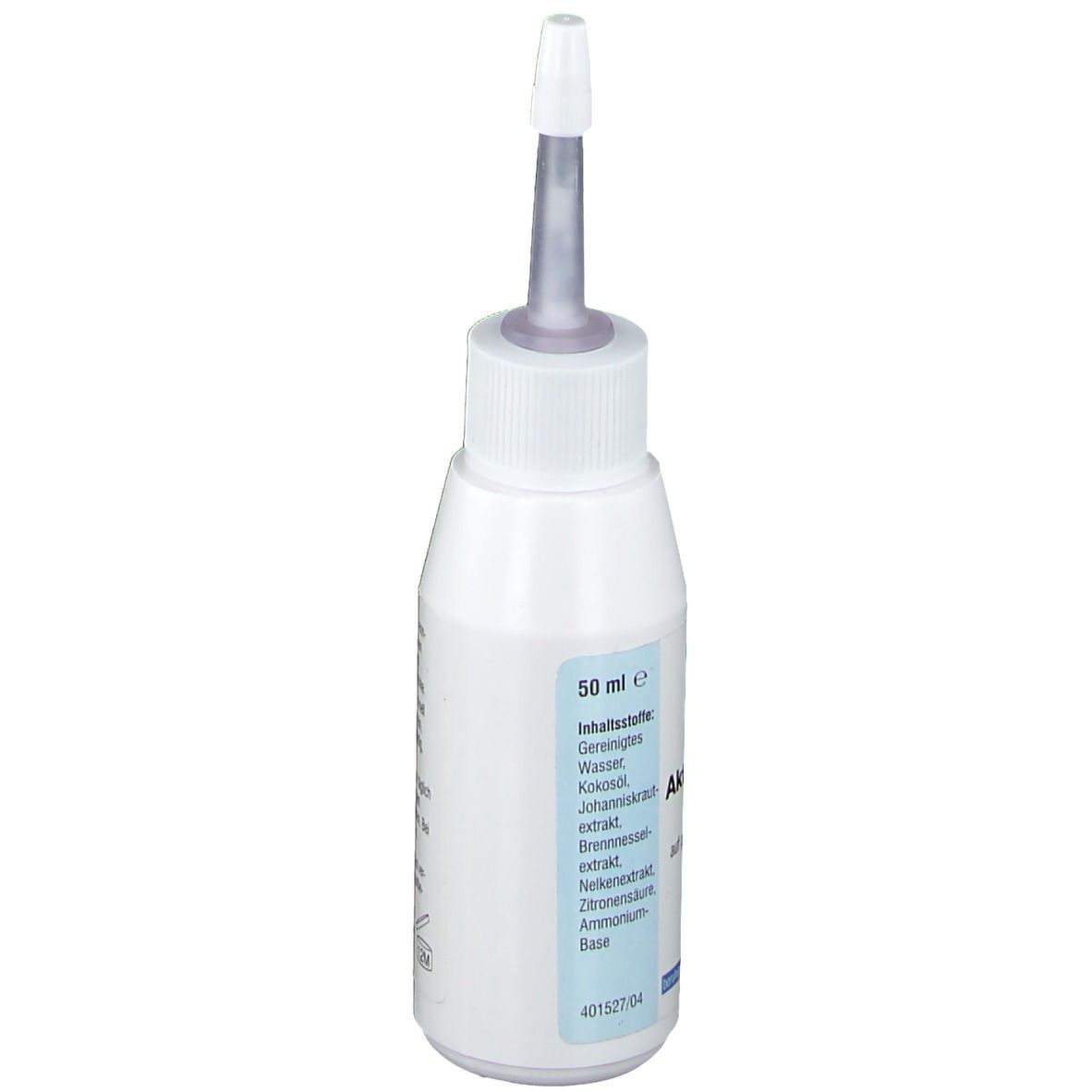 Weiße Flasche mit Applikator. Aufschrift: Aktiv-Lotion für Tiere. 50 ml. Inhaltsstoffe.