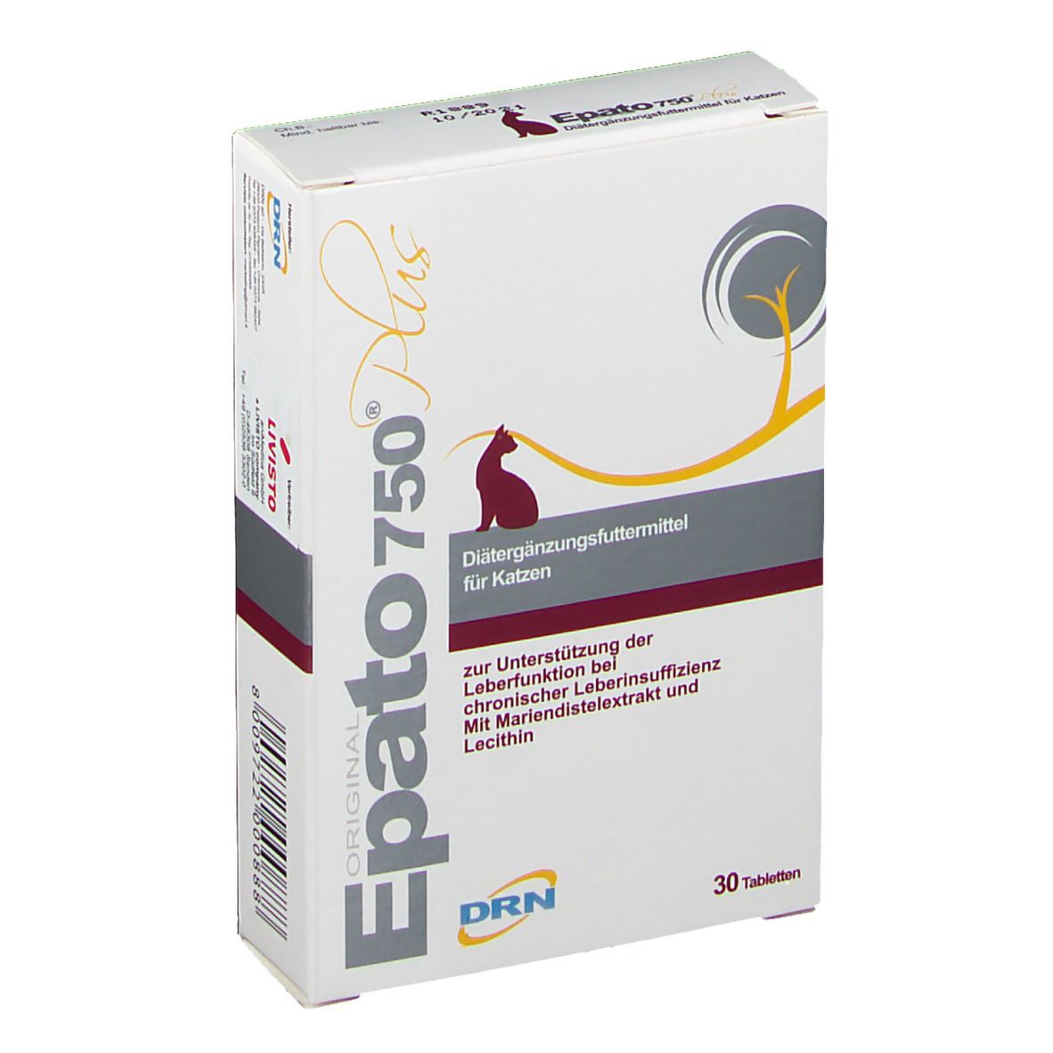 Karton von Epato 750 Plus. Weiß, mit Produktnamen, Katze-Silhouette, und Text. 30 Tabletten.