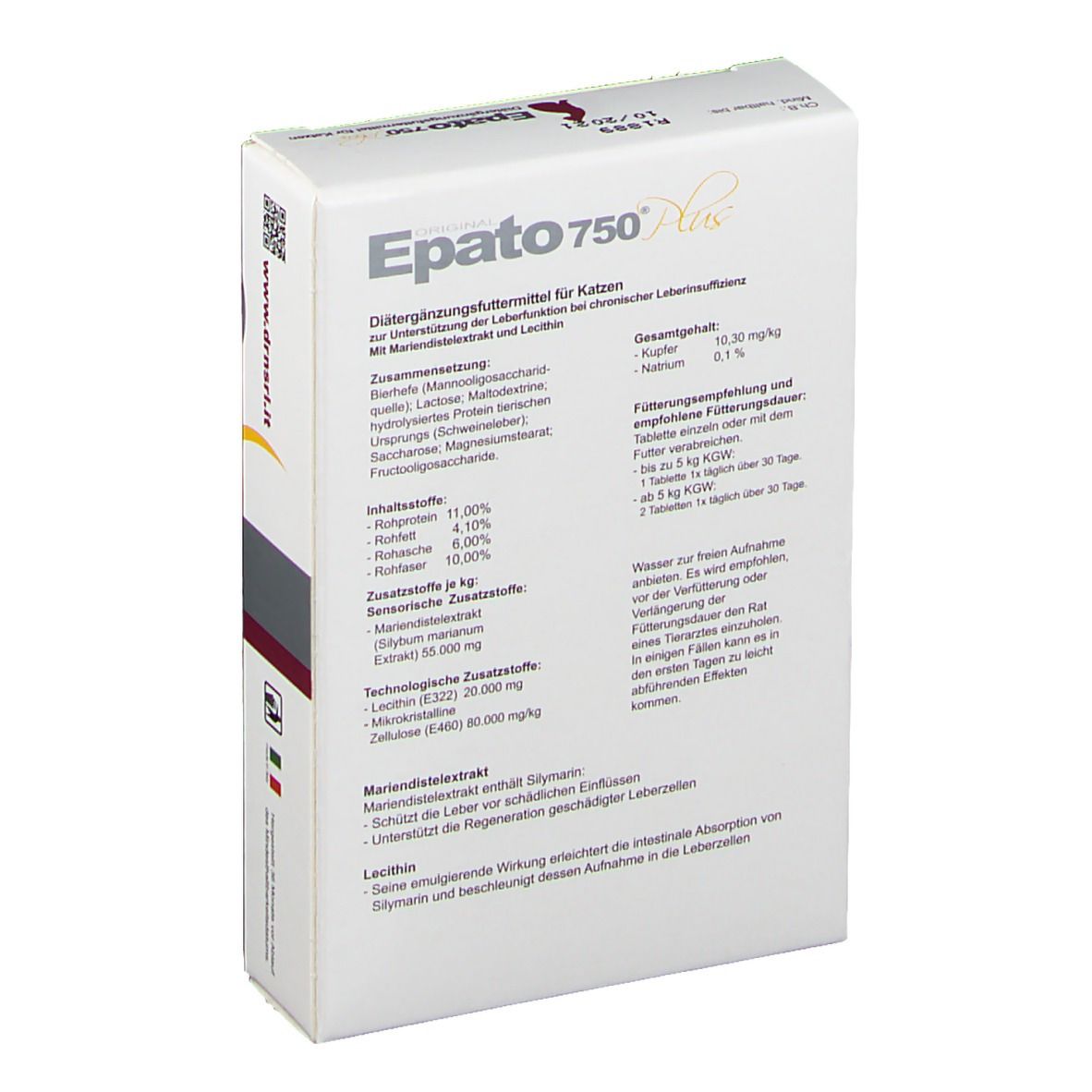 Rückseite der Epato 750 Plus-Verpackung. Enthält Text über Inhaltsstoffe und Dosierung. Weiß mit roten und grauen Akzenten.