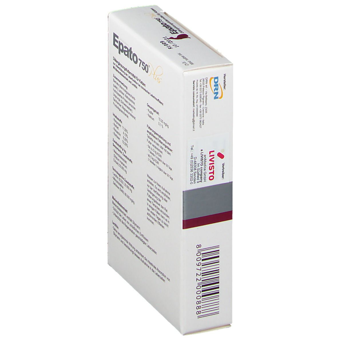 Seitenansicht der Epato 750 Plus-Verpackung. Enthält Text und einen Barcode. Weiß mit roten Akzenten.