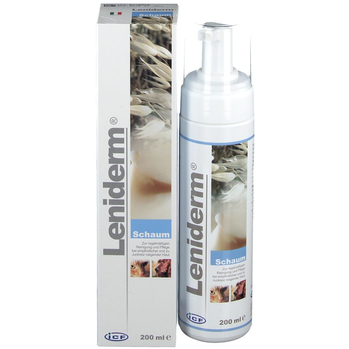 Leniderm® Schaum-Verpackung und Flasche. Weiß, mit Produktnamen und Abbildungen. 200 ml.