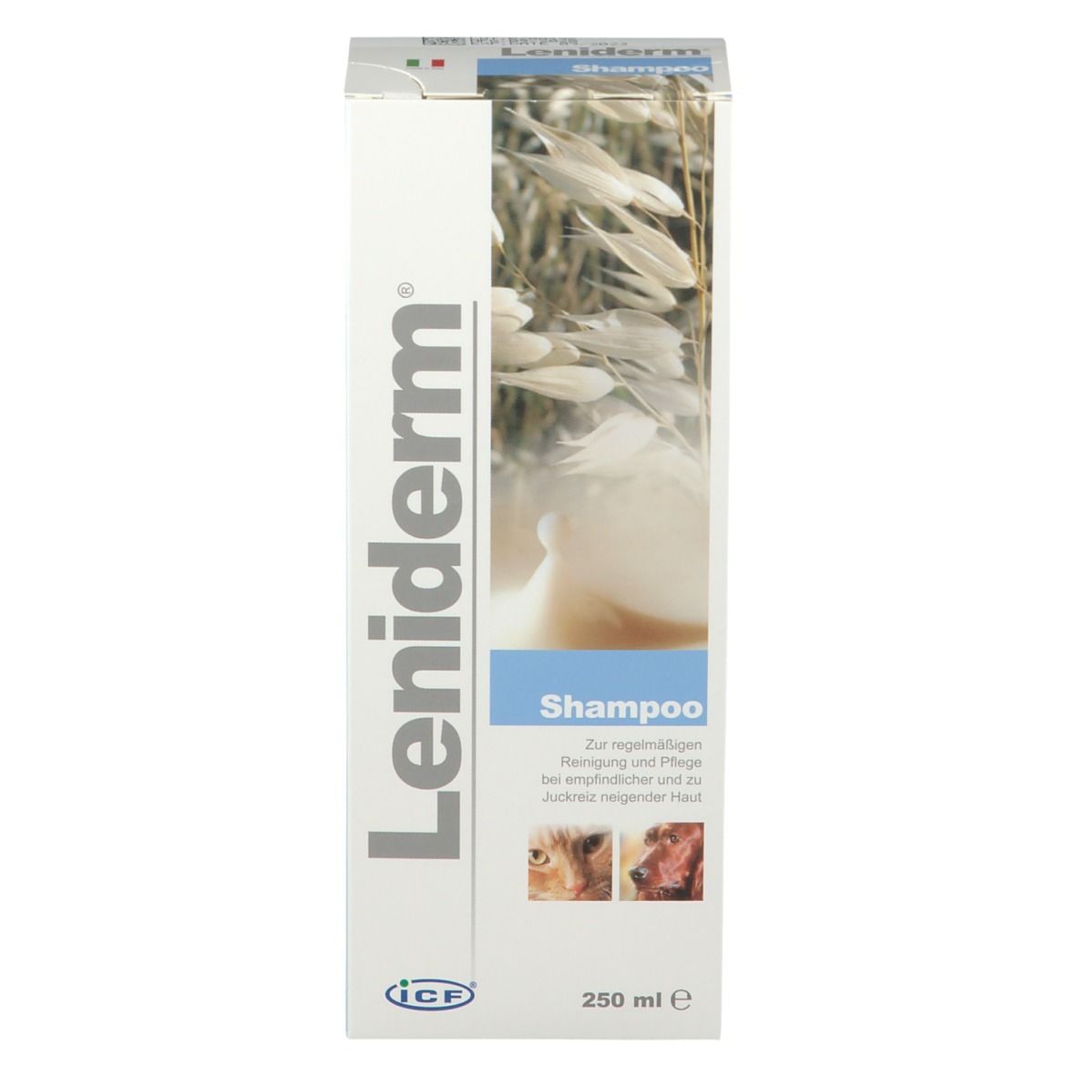 Schachtel mit Leniderm Shampoo. Weiß, blau und hellbraun. Text: Shampoo, 250 ml. Abbildungen von Tieren.