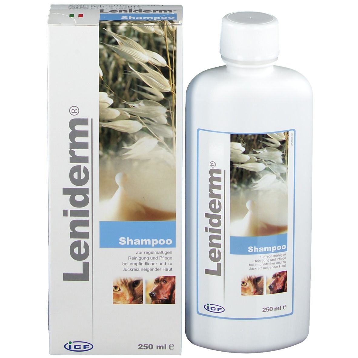 Leniderm Shampoo-Flasche und Schachtel. Weiß, blau und hellbraun. Text: Shampoo, 250 ml. Abbildungen von Tieren.
