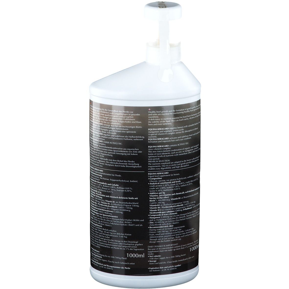 Rückseite einer weißen Flasche mit Dosierpumpe. Enthält Text in mehreren Sprachen. Aufschrift 1000ml.