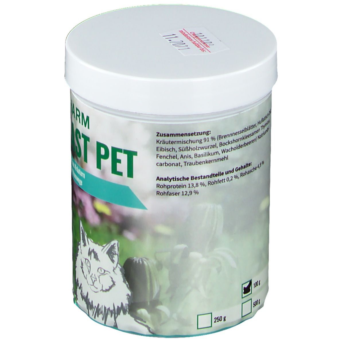 Dose "HERBAPLAST PET" mit Inhaltsangaben. Text: Kräutermischung, Analytische Bestandteile, 250g, 500g. Weiße Kappe mit Aufkleber.