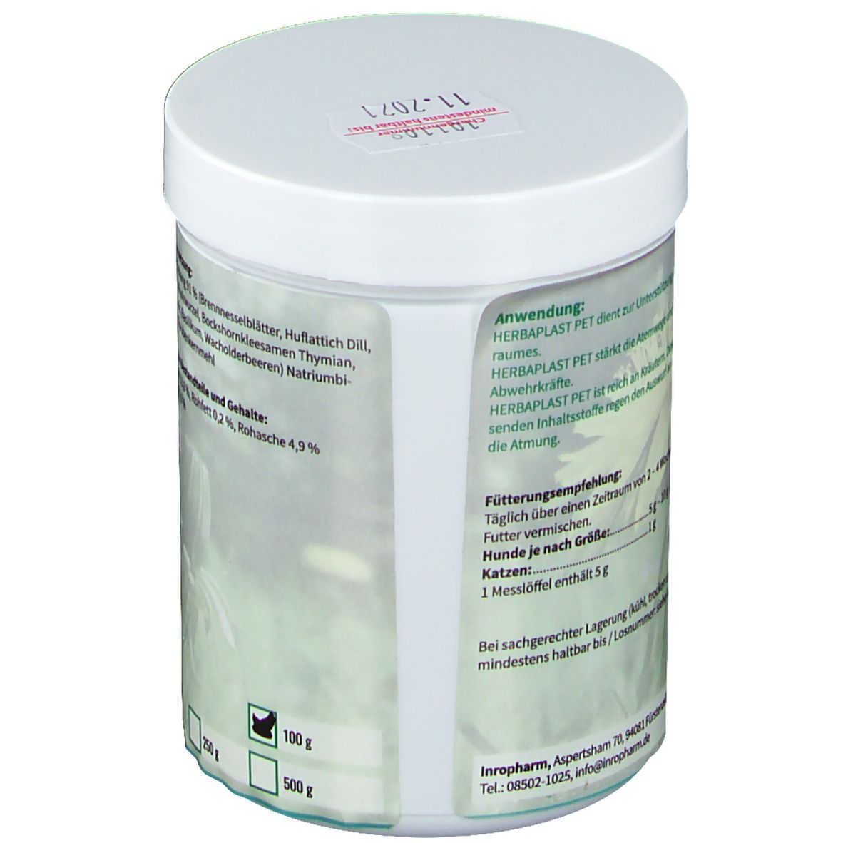 Dose "HERBAPLAST PET" mit Anwendungshinweisen. Text: Fütterungsempfehlung, 100g, 500g. Weiße Kappe mit Aufkleber.