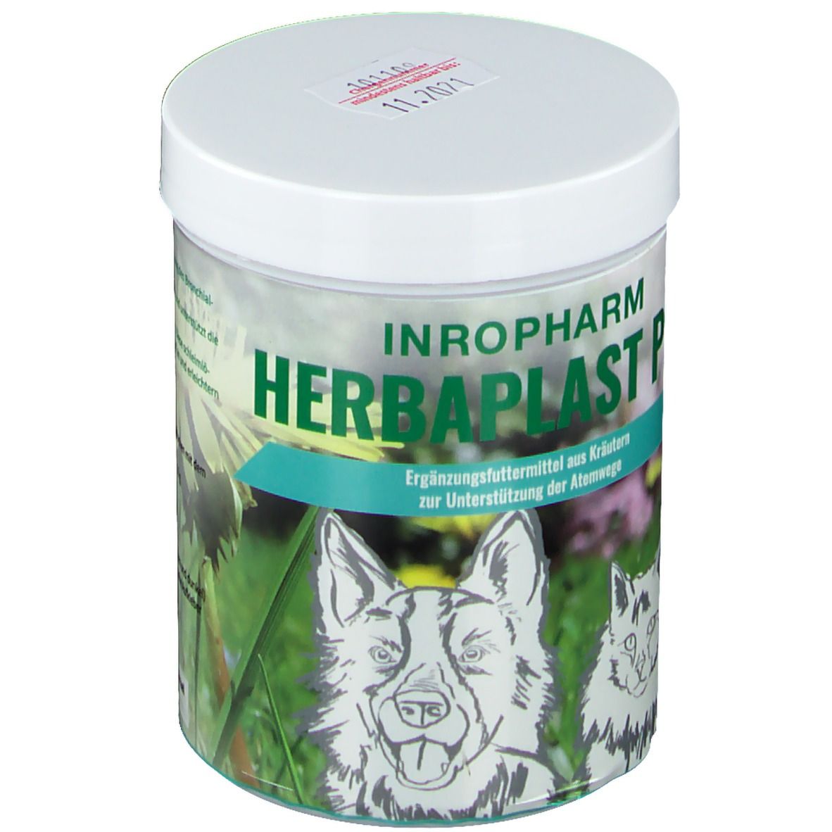 Dose "HERBAPLAST PET". Abbildung eines Hundes und einer Katze. Text: Ergänzungsfuttermittel aus Kräutern zur Unterstützung der Atemwege.
