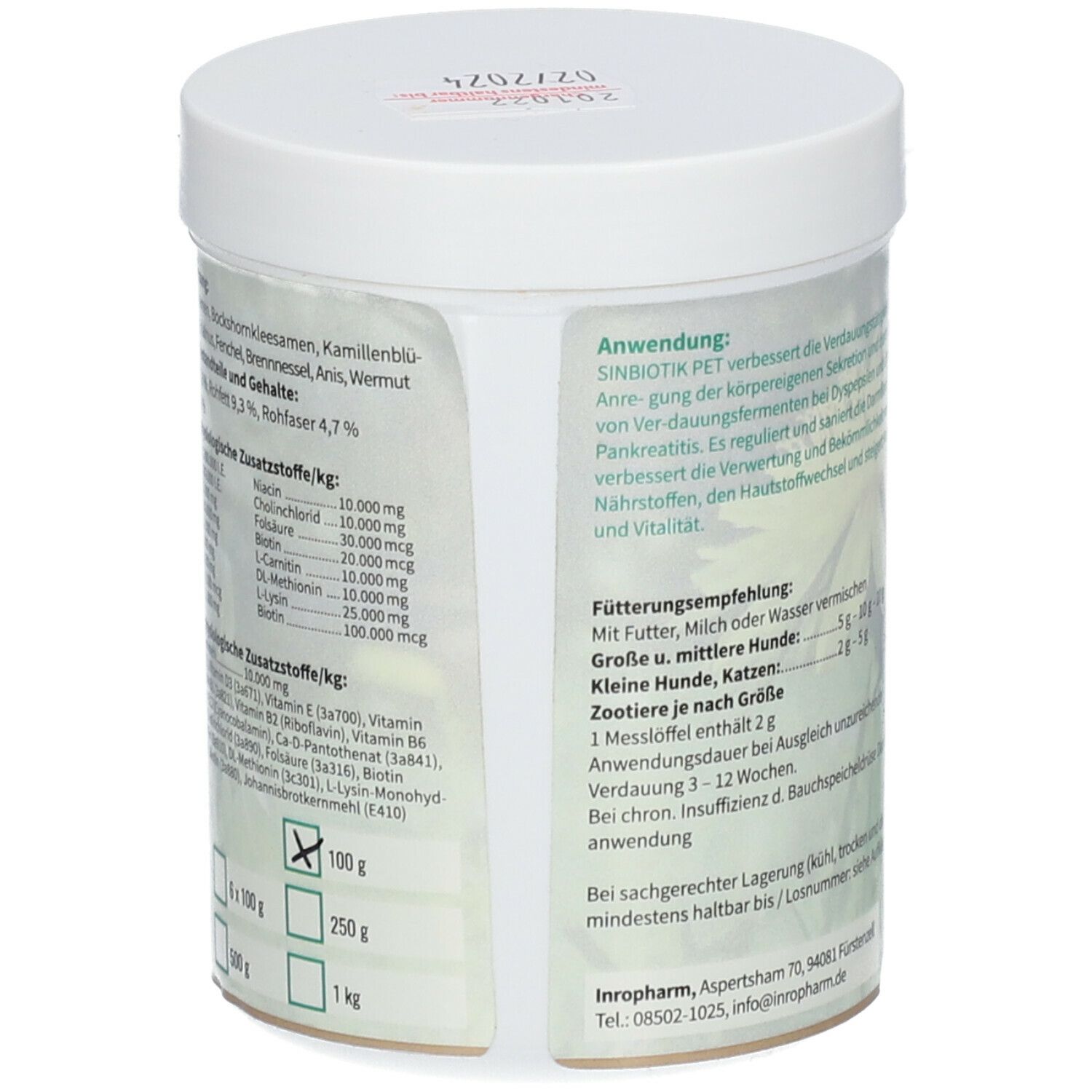 Weißes Behältnis mit Text und Nährwertangaben. Aufdruck SINBIOTIK PET. Text in deutscher Sprache.