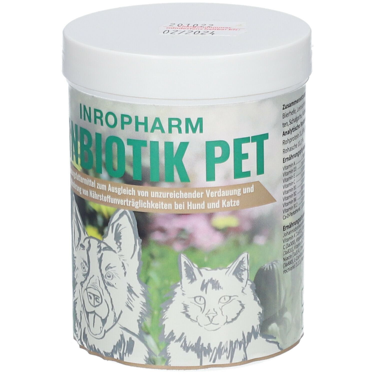 Weißes Behältnis mit dem Aufdruck SINBIOTIK PET. Abbildung eines Hundes und einer Katze. Text in deutscher Sprache.