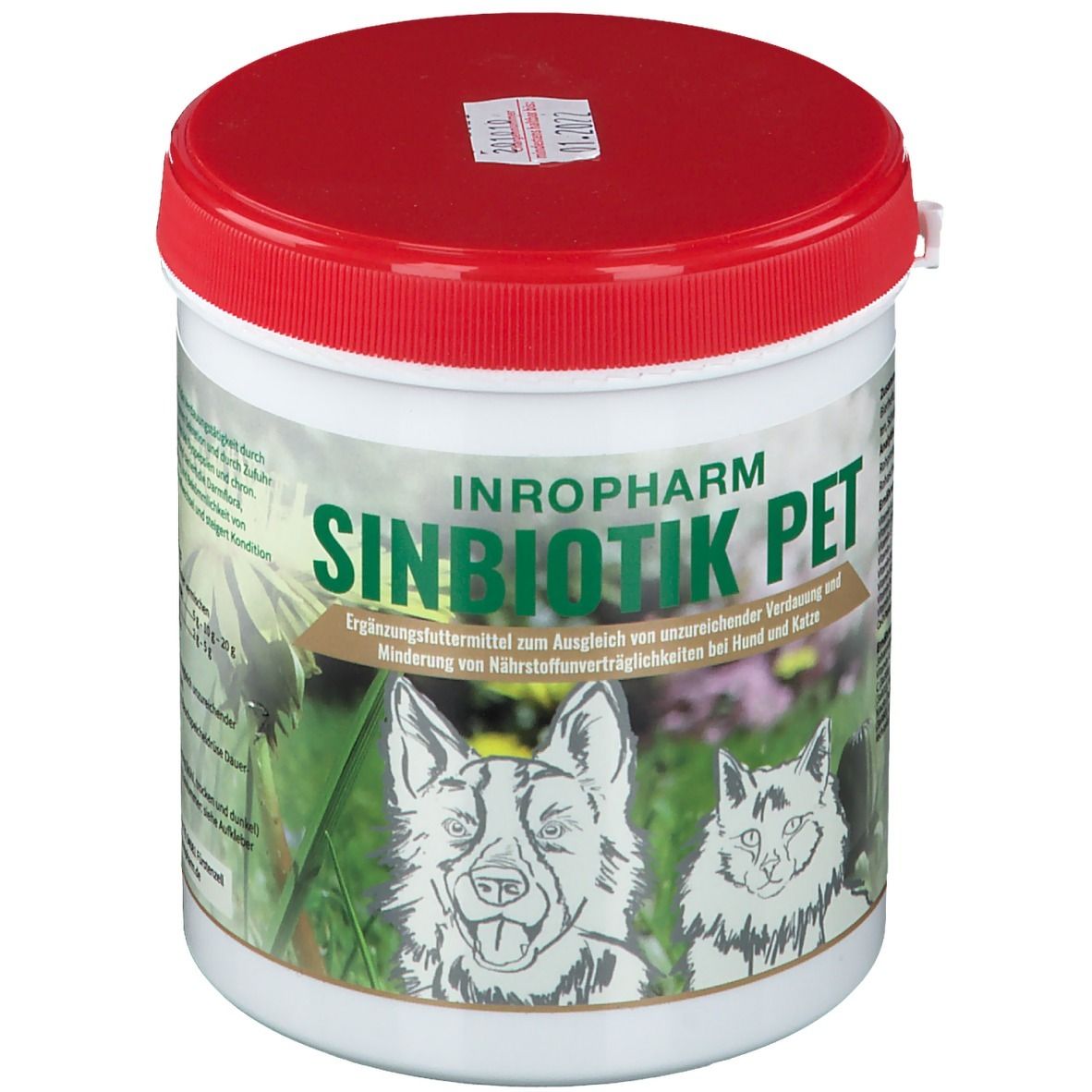 Weißer Behälter mit rotem Deckel. Aufschrift: SINBIOTIK PET. Abbildung von Hund und Katze. Ergänzungsfuttermittel.