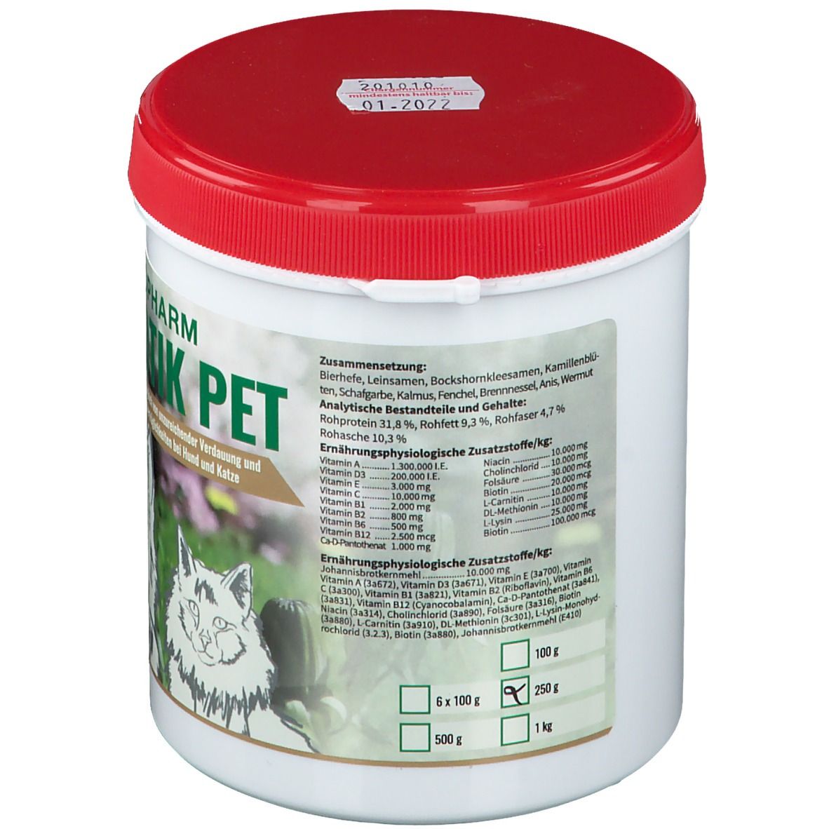 Weißer Behälter mit rotem Deckel. Aufschrift: SINBIOTIK PET. Enthält Inhaltsstoffe und Nährwertangaben. 250g Packung.