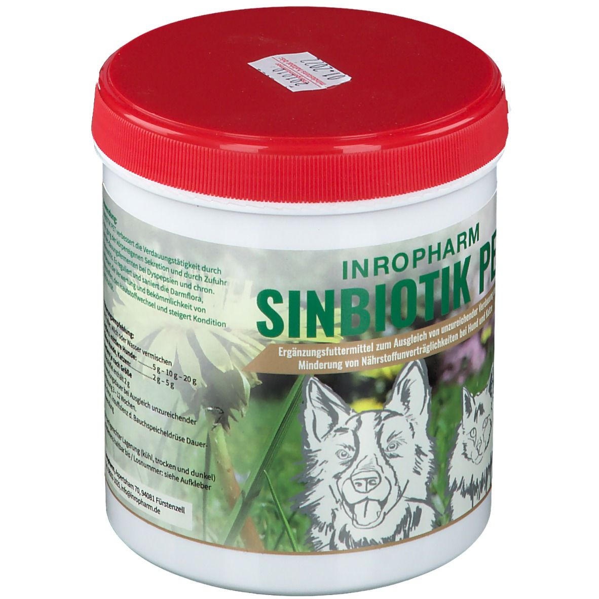 Weißer Behälter mit rotem Deckel. Aufschrift: SINBIOTIK PET. Text und Abbildung von Hund und Katze. Ergänzungsfuttermittel.