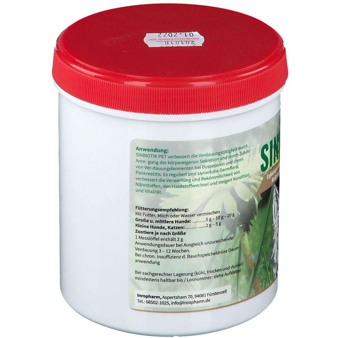 Weißer Behälter mit rotem Deckel. Aufschrift: SINBIOTIK PET. Text mit Fütterungsempfehlung. Informationen zur Anwendung.