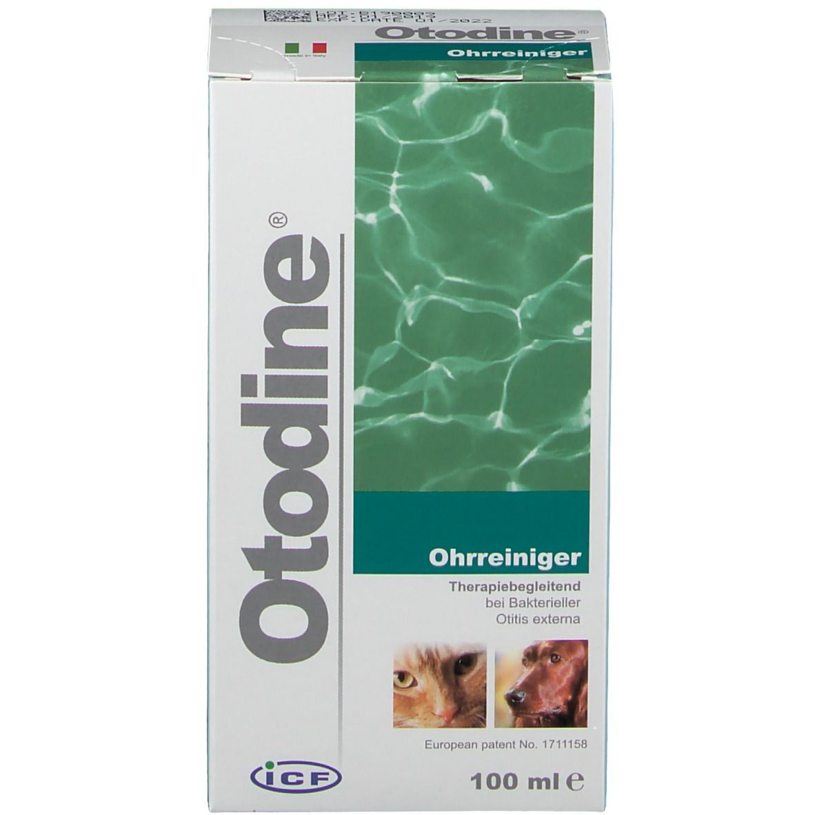 Otodine®-Verpackung. Vorderansicht des weißen Kartons mit Produktnamen und Informationen.