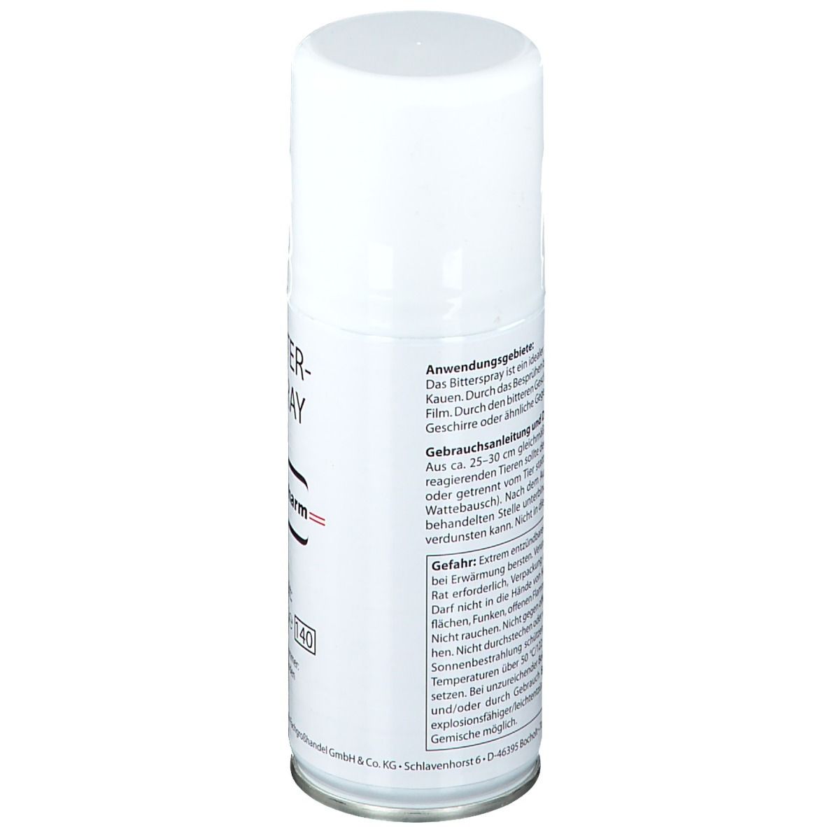 Flacon spray blanc avec texte au dos. Contient des instructions d'utilisation et des avertissements de danger. Fabricant : ReboPharm.