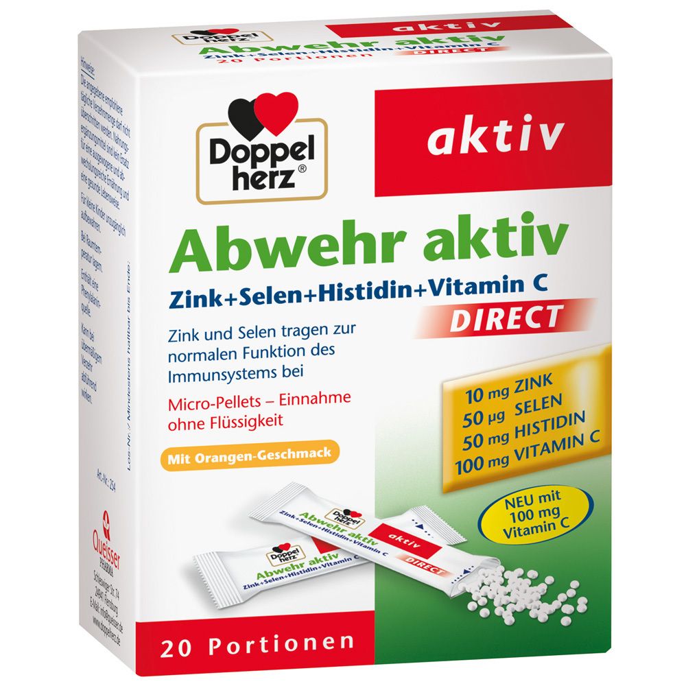 Weiße Verpackung mit Produktnamen und Logo. Enthält Pellets und Portionsbeutel. Text: Zink, Selen, Histidin, Vitamin C.