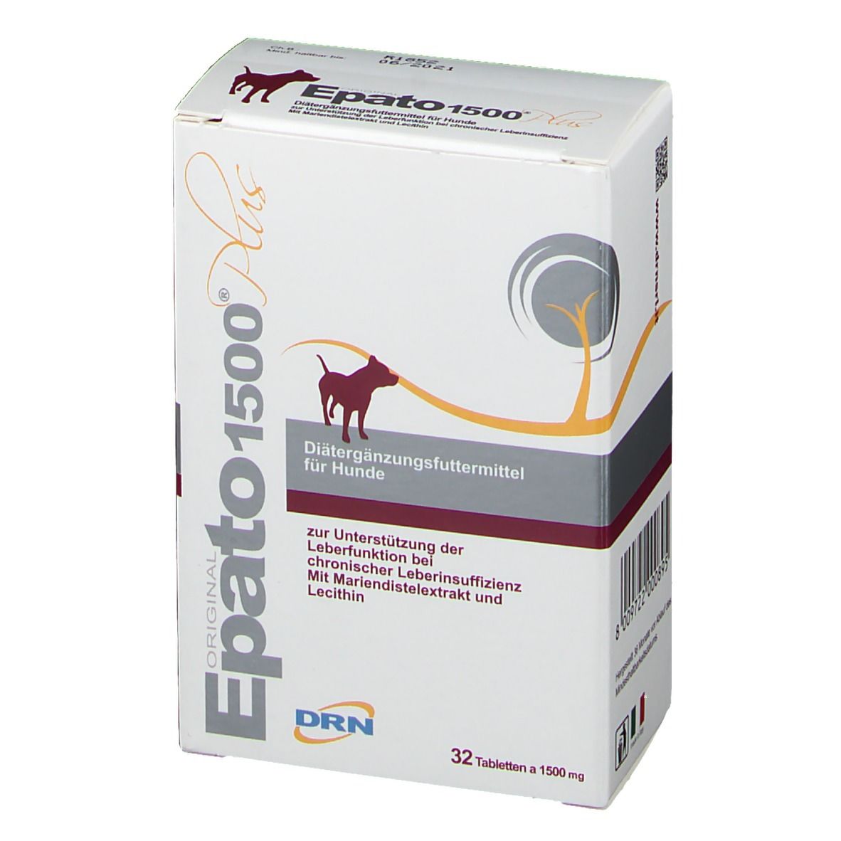 Weiße Schachtel mit "Epato 1500 Plus"-Logo und Produktinformationen. Enthält 32 Tabletten. Für Hunde.