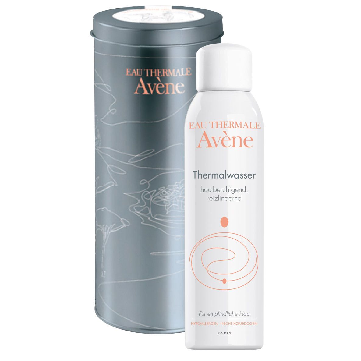Avene Thermalwasser-Spray und Dose. Sprayflasche weiß, Dose grau. Aufschrift: Eau Thermale Avene, Thermalwasser, für empfindliche Haut.