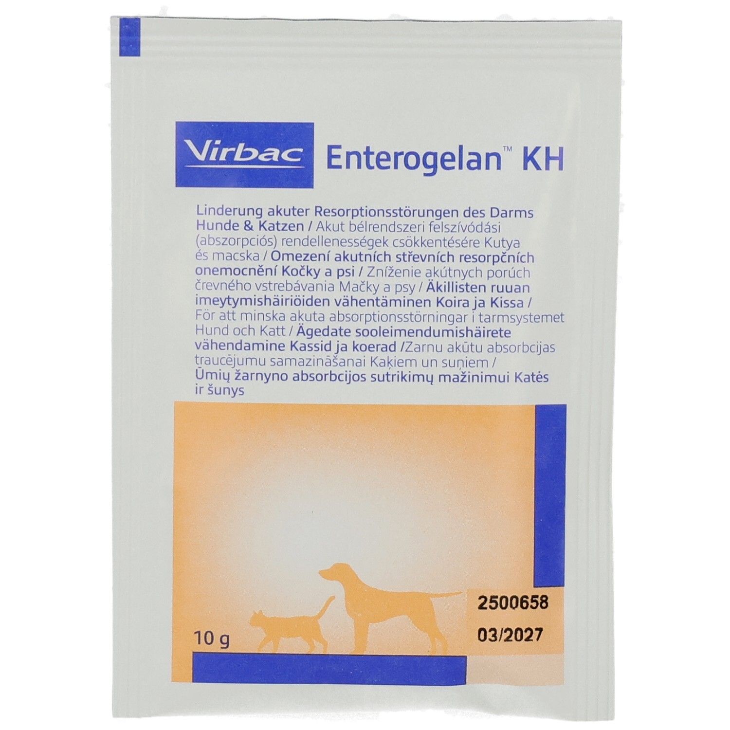 Beutel Enterogelan® KH, weiß, mit blauem Streifen. Virbac-Logo. Text für Katzen und Hunde. Kleines Bild eines Hundes.