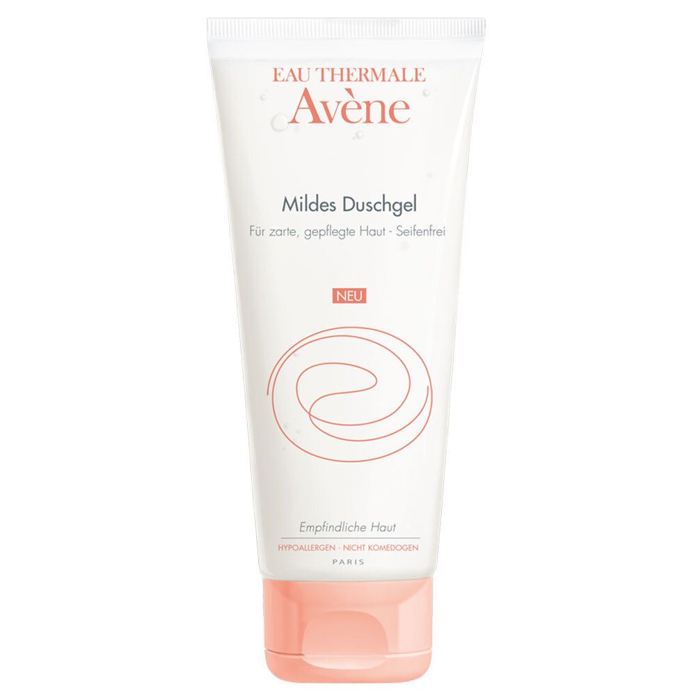 Weißes Duschgel von Avène. Aufschrift: Mildes Duschgel, für zarte, gepflegte Haut. Mit rosafarbenem Verschluss.