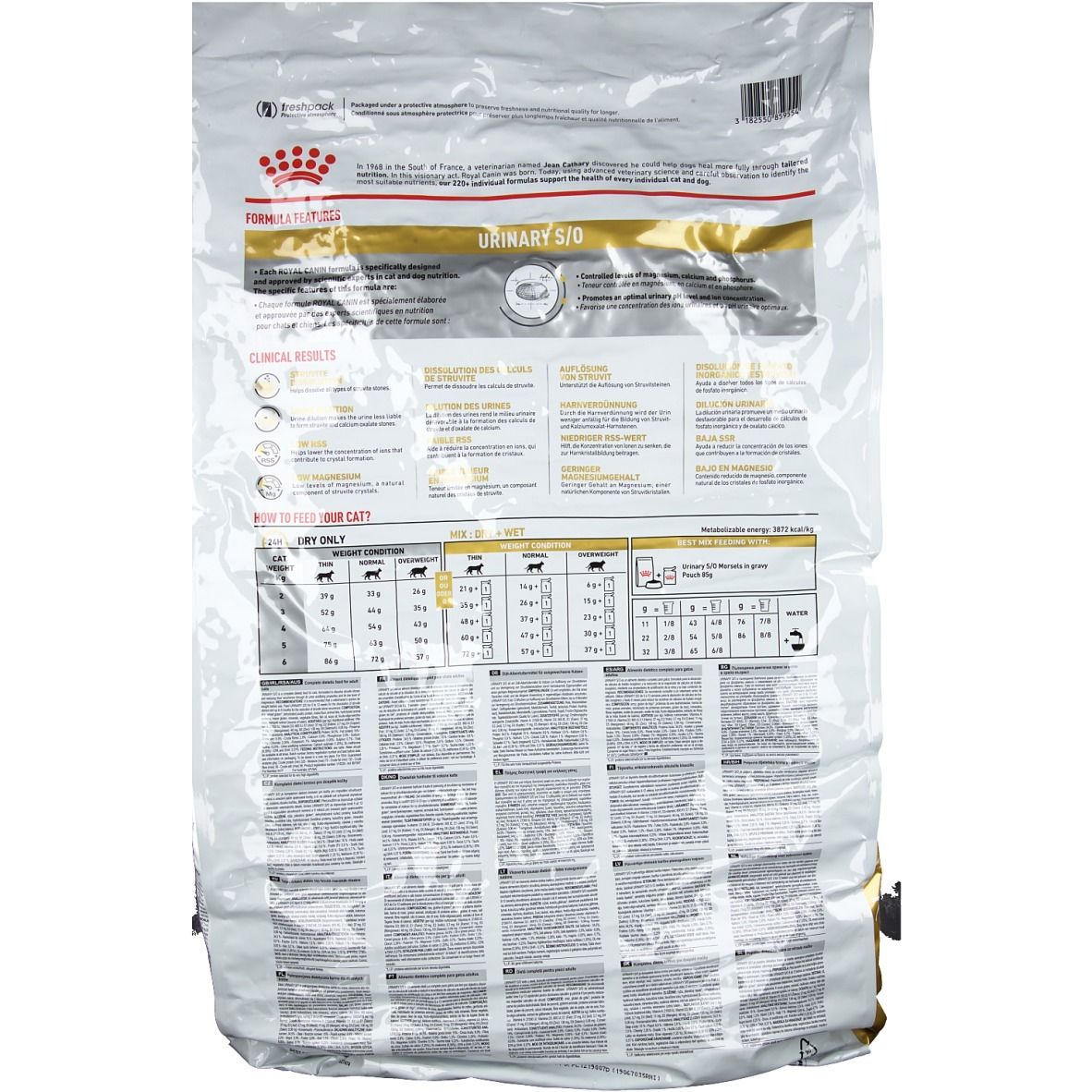 Rückseite des ROYAL CANIN Veterinary Urinary S/O Katzenfutterbeutels. Weiß, mit Text und Diagrammen. Goldener Streifen mit "URINARY S/O".