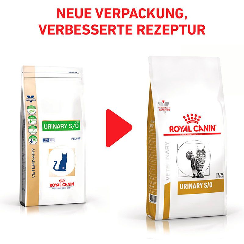 Vergleich von alter und neuer Verpackung für Royal Canin Veterinary Urinary S/O Katzennahrung.