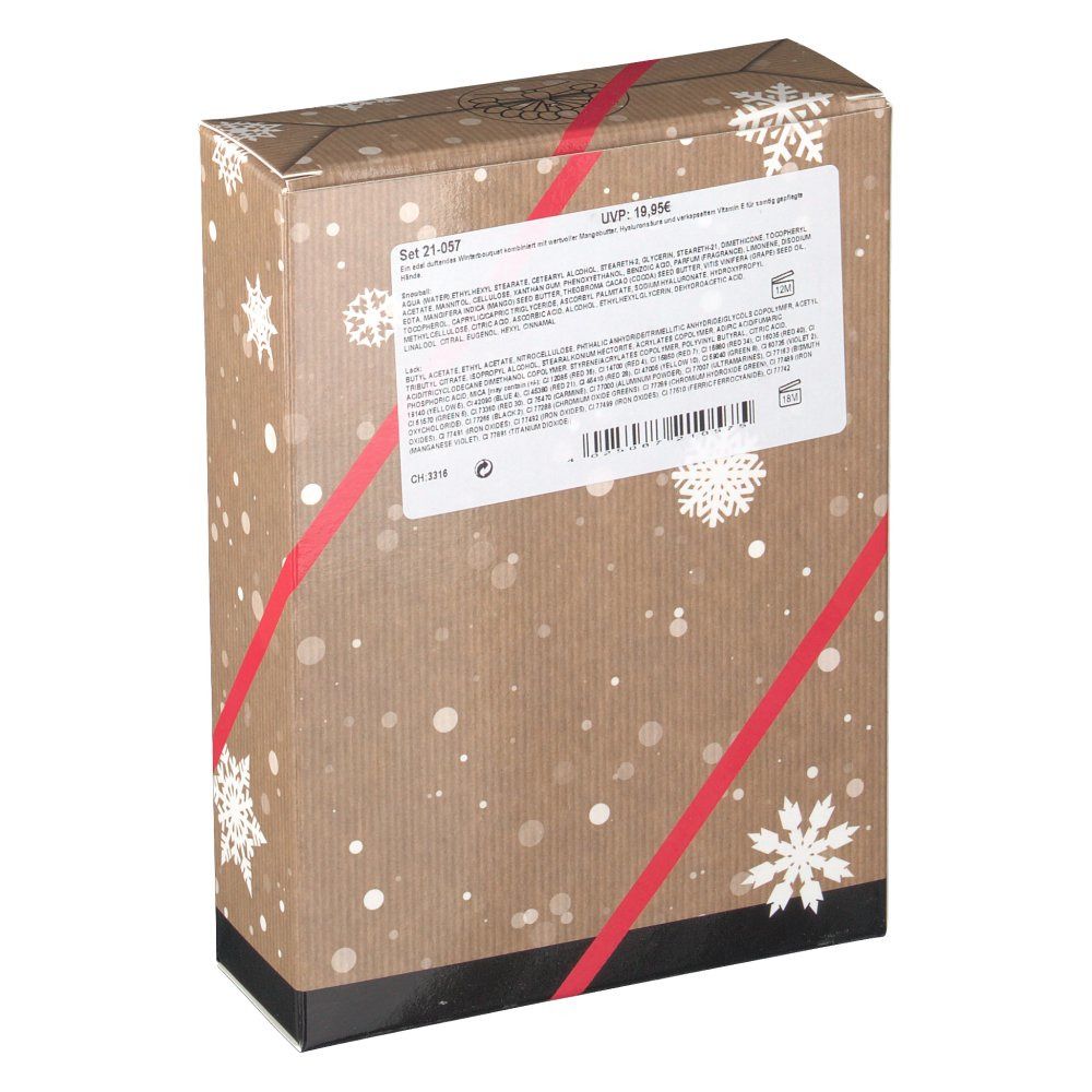 Rückseite der Geschenkset-Verpackung. Text auf weißem Etikett. Verpackung mit Schneeflocken-Design und roter Schleife.