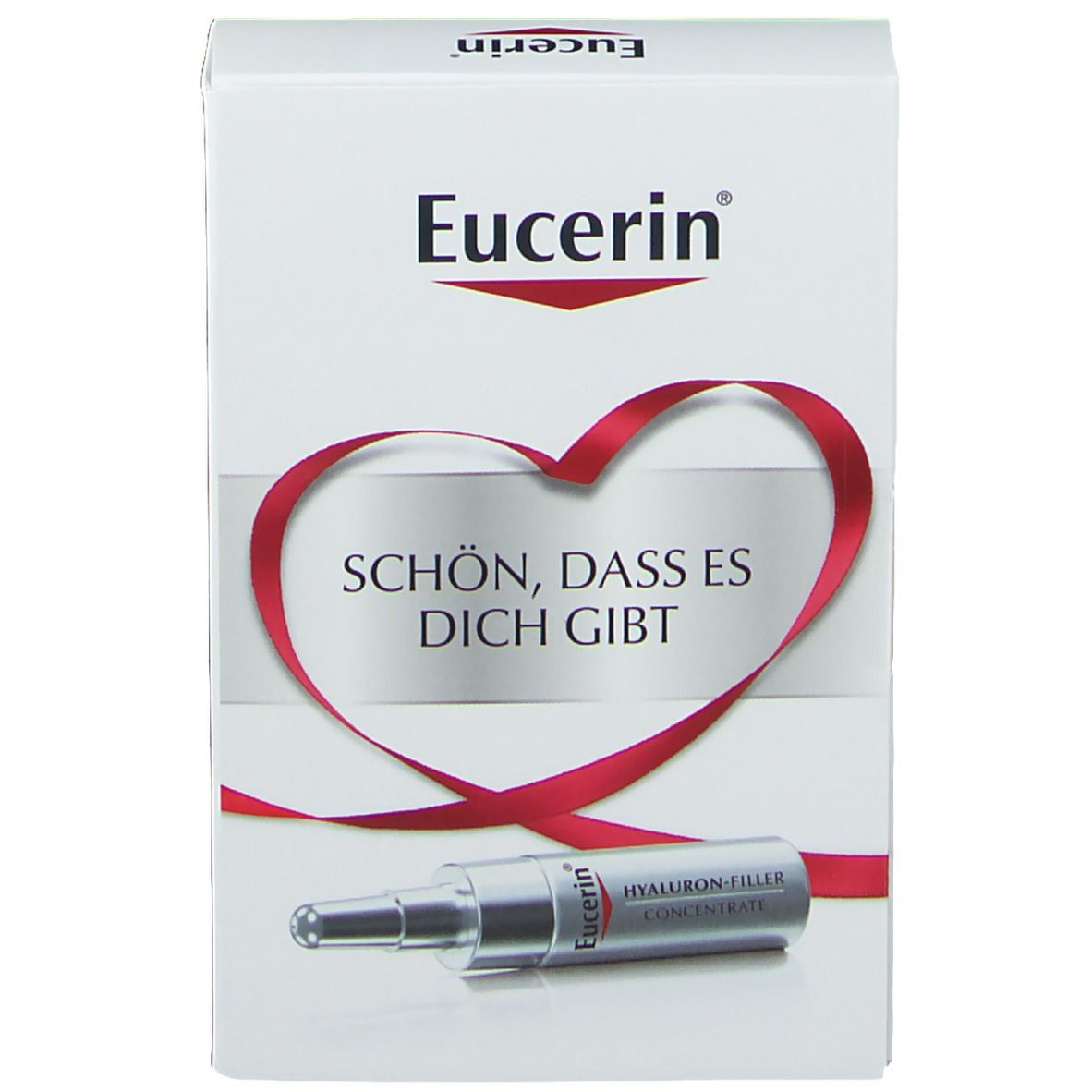 Verpackung mit Produktabbildung. Eucerin-Logo und Schriftzug. Herzförmiges Band. Produkt: Hyaluron-Filler Concentrate.