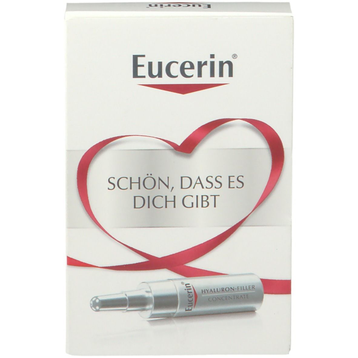 Verpackung mit Eucerin-Logo und Schriftzug. Herzförmiges Band. Produktabbildung: Hyaluron-Filler Concentrate.