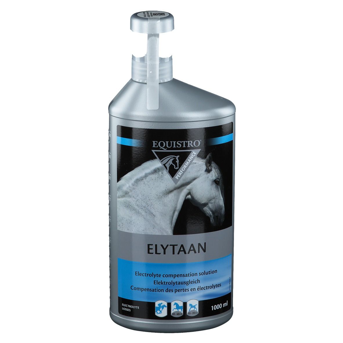 Silberne Flasche mit Dosieraufsatz. Aufschrift: ELYTAAN, Elektrolytausgleich. Pferd-Illustration. 1000 ml.