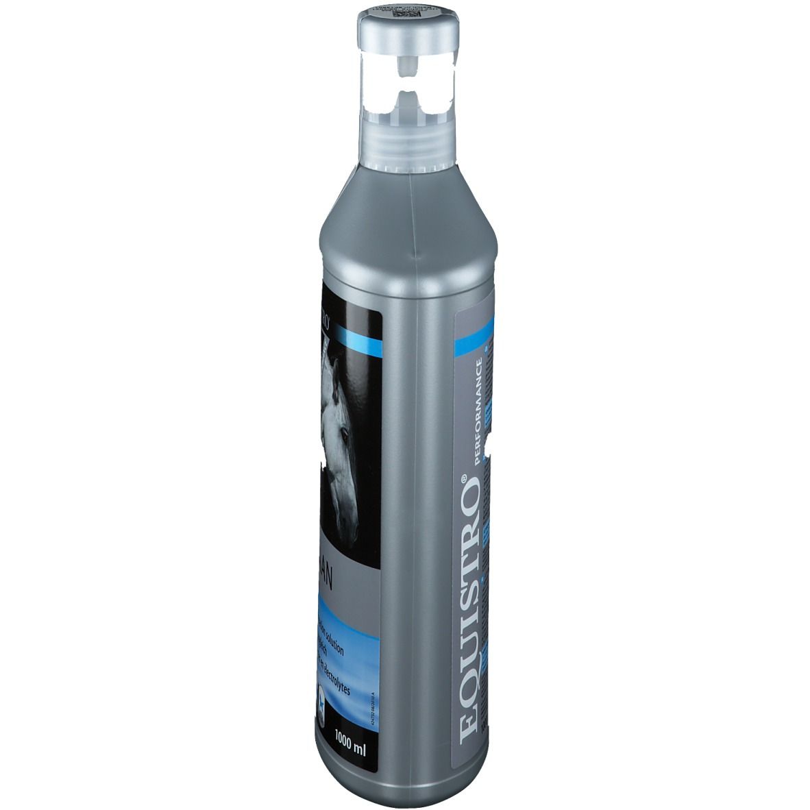 Zylindrische, silberne Flasche mit Dosieraufsatz. Aufschrift: ELYTAAN. Produktetikett mit Text und Pferd-Illustration.