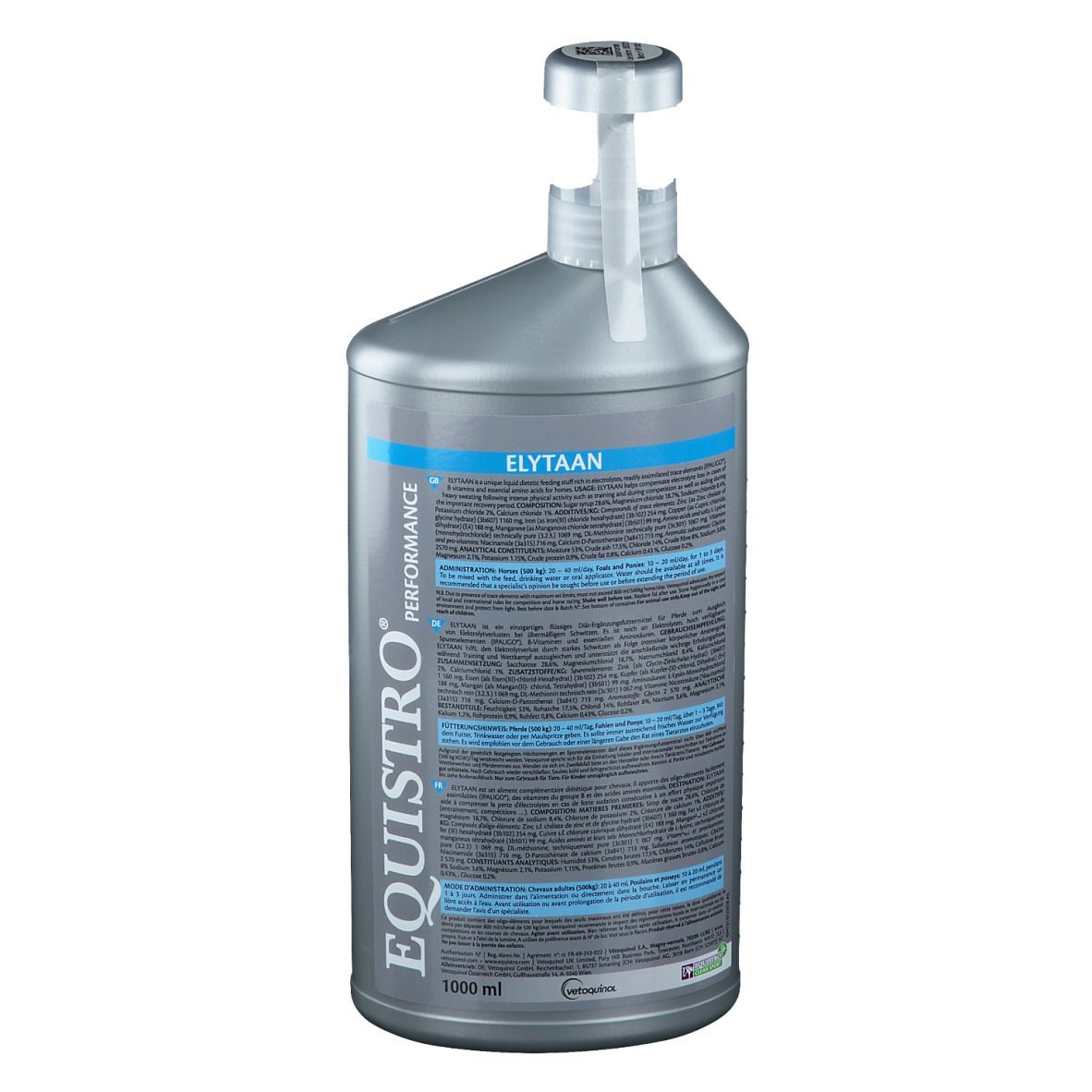 Silberne Flasche mit Dosieraufsatz. Aufschrift: ELYTAAN. Produktetikett mit Text. 1000 ml.