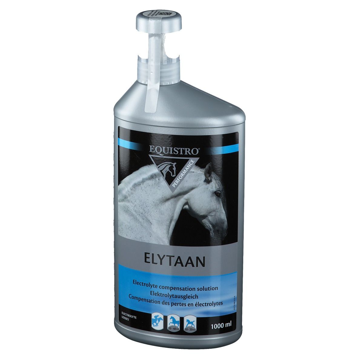 Silberne Flasche mit Dosieraufsatz. Aufschrift: ELYTAAN, Elektrolytausgleich. Pferd-Illustration. 1000 ml.