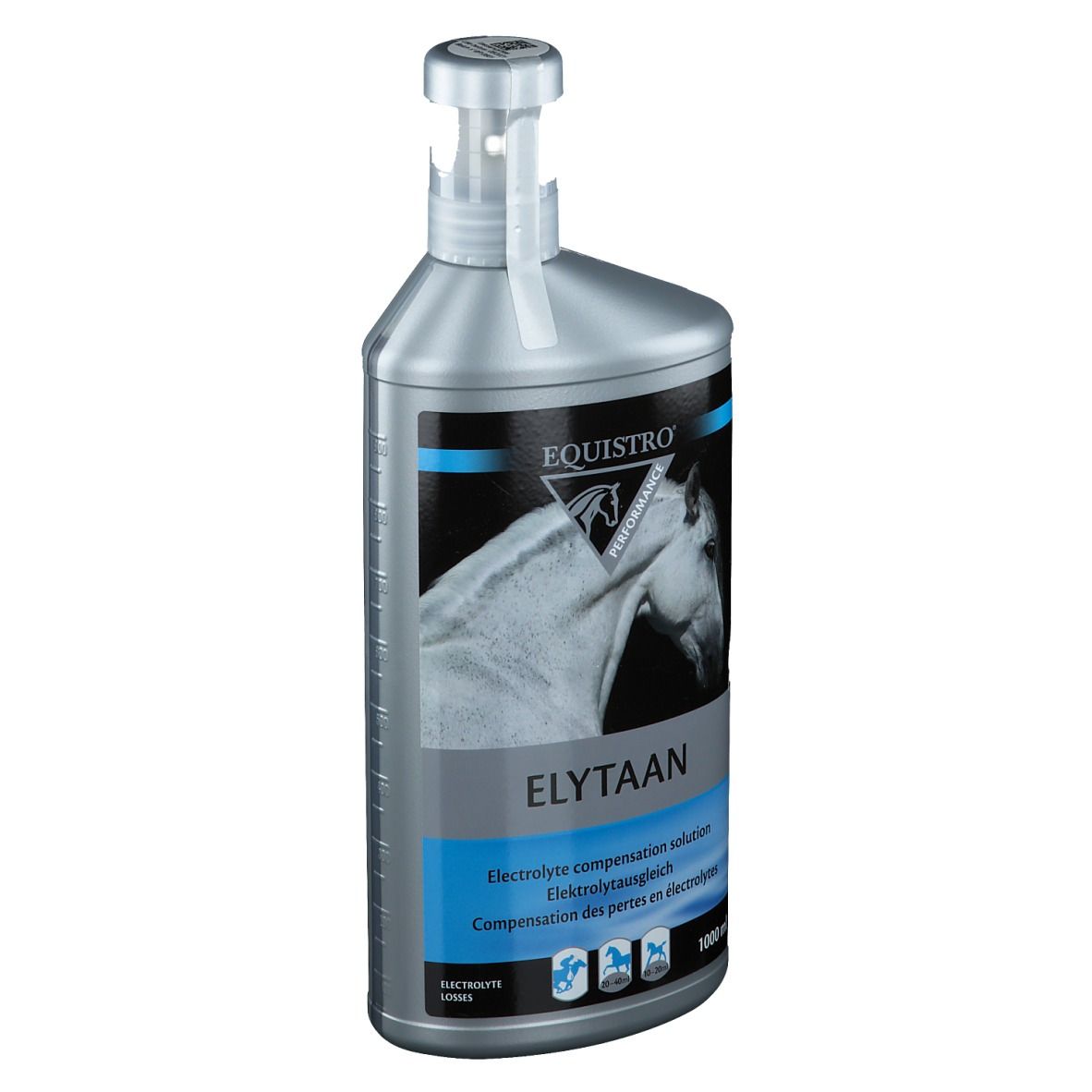 Silberne Flasche mit Dosieraufsatz. Aufschrift: ELYTAAN, Elektrolytausgleich. Pferd-Illustration. 1000 ml.