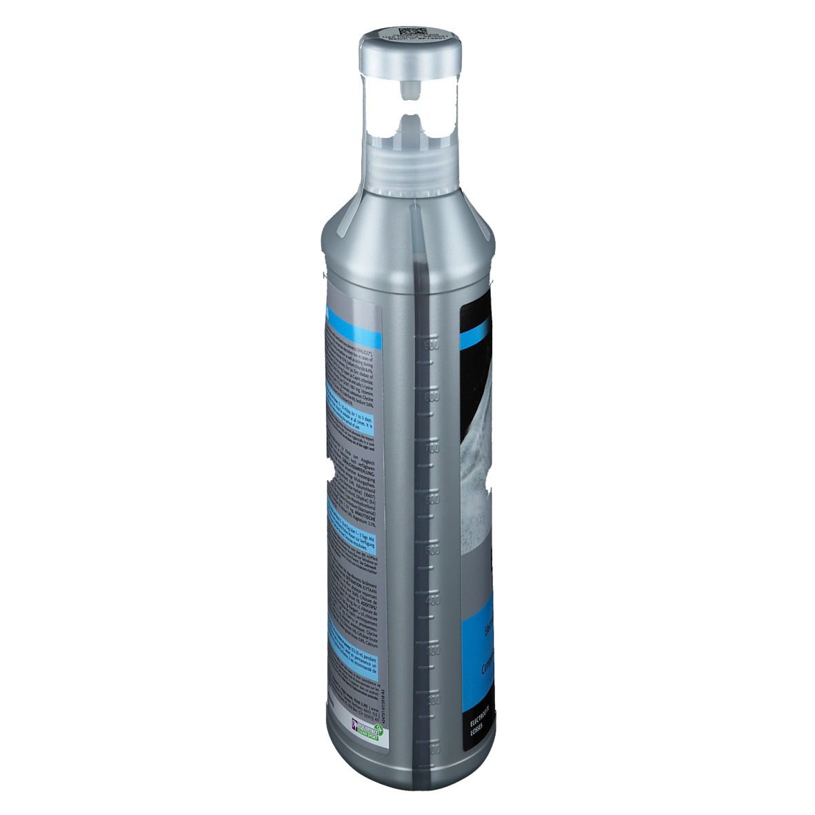 Zylindrische, silberne Flasche mit Dosieraufsatz. Aufschrift: ELYTAAN. Produktetikett mit Text.