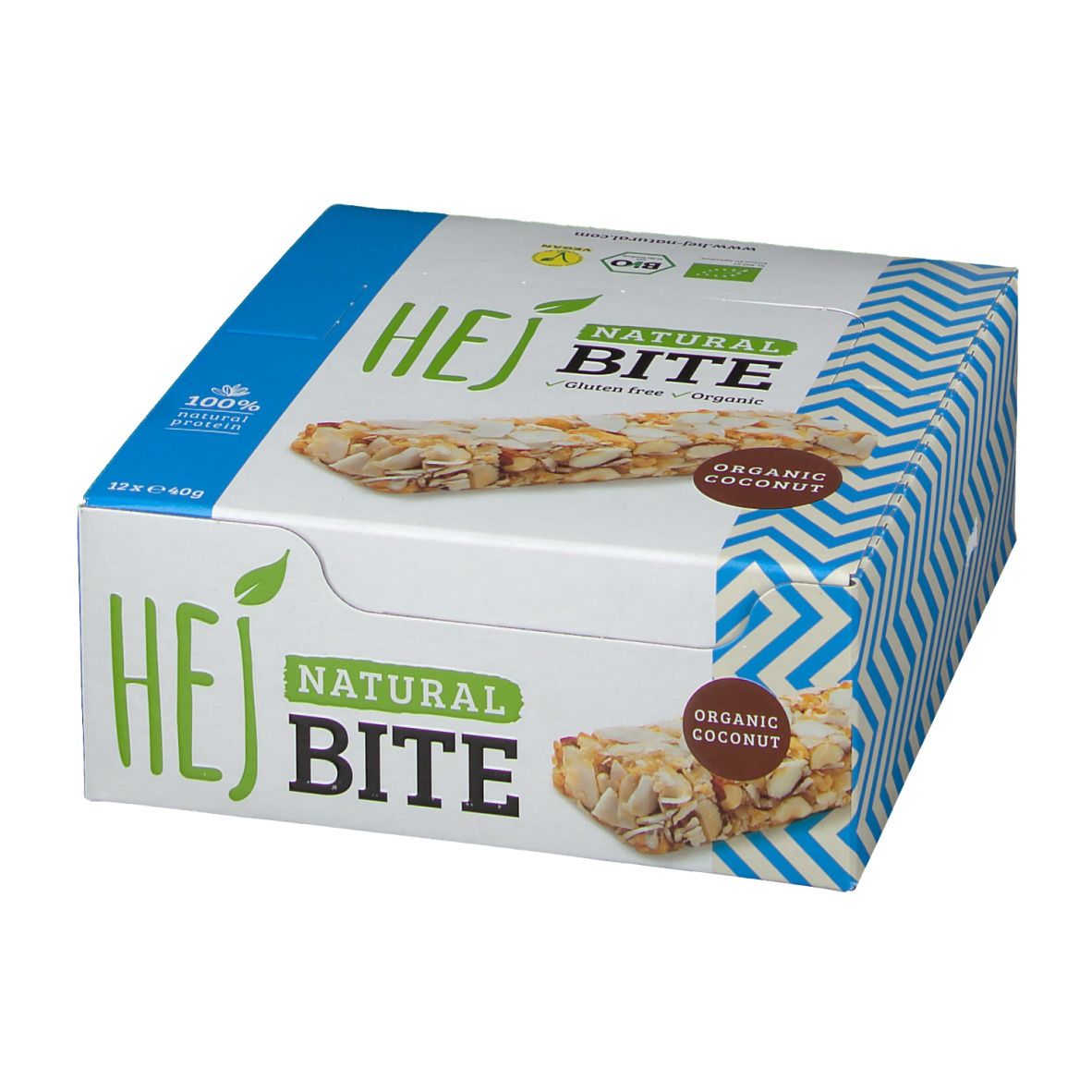 Hejbite Organic Coconut Verpackung. Aufschrift: HEJ NATURAL BITE, Organic Coconut, glutenfrei. Bio-Siegel. Blaue und weiße Zickzackmuster.