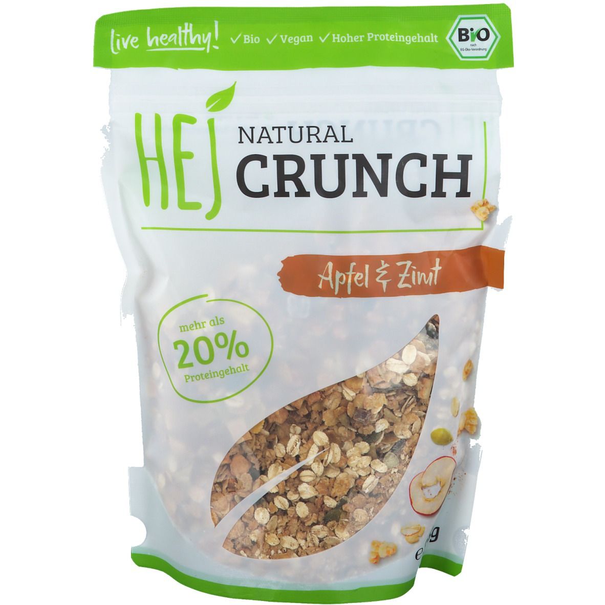 Beutel mit Hejcrunch Apfel & Zimt. Sichtbar: Logo, Produktname, Apfel- und Zimt-Illustrationen, Bio-Siegel, Text "mehr als 20% Proteingehalt".