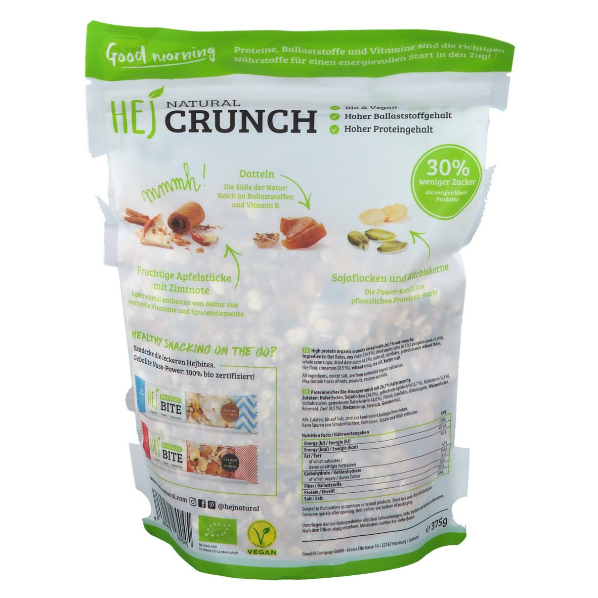Rückseite der Hejcrunch-Verpackung. Sichtbar: Zutaten, Nährwertangaben, Logo, Produktname, Illustrationen von Zutaten, Text "30% weniger Zucker".