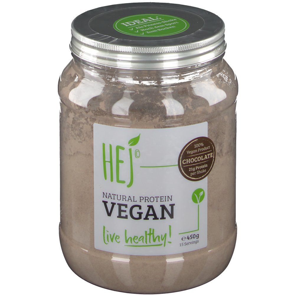 Transparenter Behälter mit HEJ Vegan Shake Schokolade. Aufkleber mit Produktinformationen und Logo. Deckel mit Aufschrift.