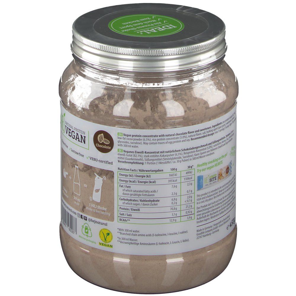 Rückseite eines transparenten Behälters mit HEJ Vegan Shake Schokolade. Aufkleber mit Nährwertangaben und Inhaltsstoffen.