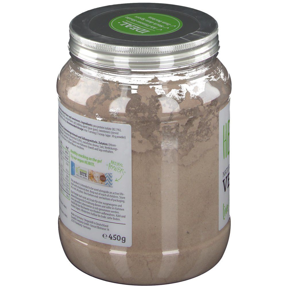 Rückseite eines transparenten Behälters mit HEJ Vegan Shake Schokolade. Aufkleber mit Informationen und Logo.