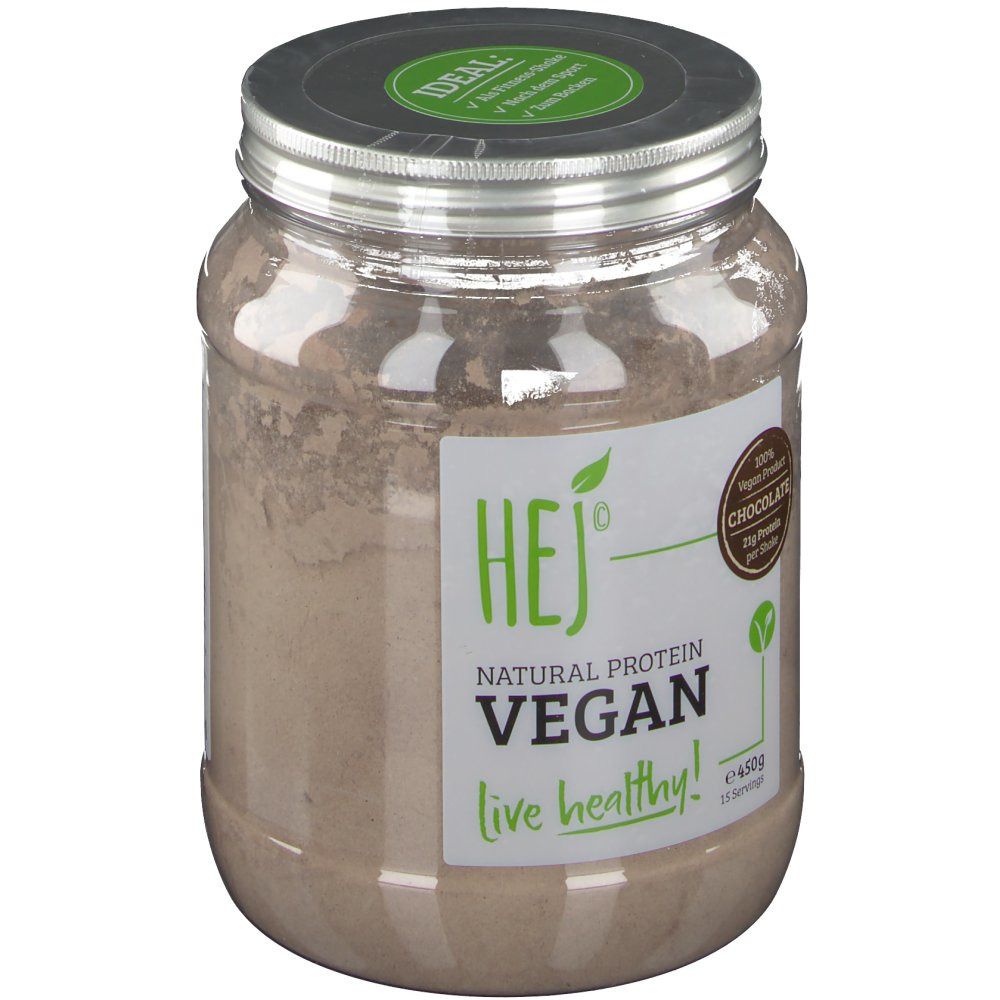 Transparenter Behälter mit HEJ Vegan Shake Schokolade. Aufkleber mit Produktinformationen und Logo. Deckel mit Aufschrift.
