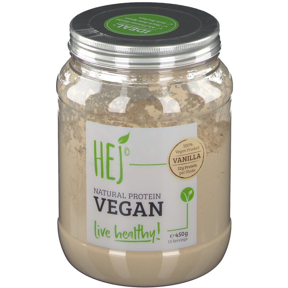 Transparenter Behälter mit HEJ Vegan Shake Vanilla. Aufkleber mit Logo, Produktname und Inhaltsangaben. Deckel mit Siegel.